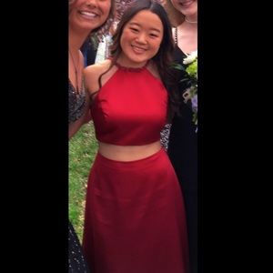 Red Satin 2 Piece Prom Dress